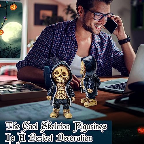 xinrongda Cool Skeleton Figurines, Gothic Skeletons Small Figurine Statue, Resin Crafts Cute Statue Skeleton Memorial, Halloween Skeleton Decor for Home Desk Decor (A)