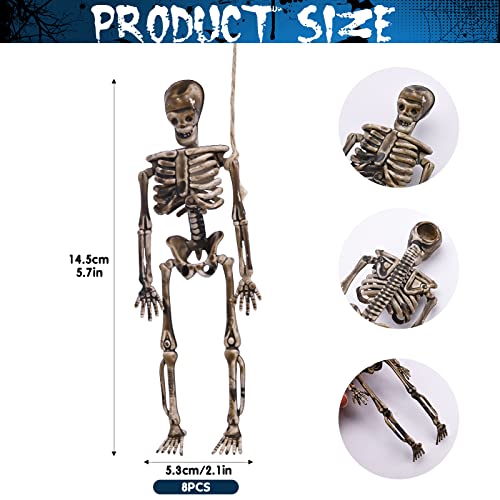 Halloween Mini Skeleton Decorations Full Body, 8 Packs Hanging Skeleton Decorations, Halloween Skeleton Ornaments, Realistic Miniature Halloween Skeleton Figurines, Halloween Party Decor (6 Inches)