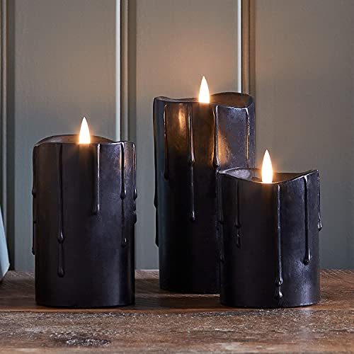 Lights4fun Set of 3 Black Dripping Wax TruGlow® Battery LED Flameless Halloween Pillar Candles with Timer