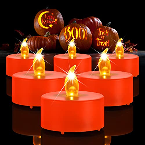 Battery Operated LED Tea Lights Candles 12 Pack Flickering Flameless Electric Votive Candles for Christmas Decorations Holiday Party Wedding Birthday Halloween Gifts Home Decor (Orange)