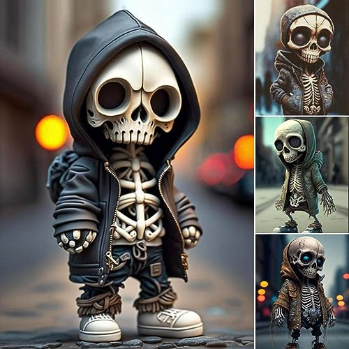 Pipihome Cool Skeleton Figurines, 2023 New Resin Crafts Cute Statue Skeleton Memorial, Collectible Halloween Decoration for Home Office Desk