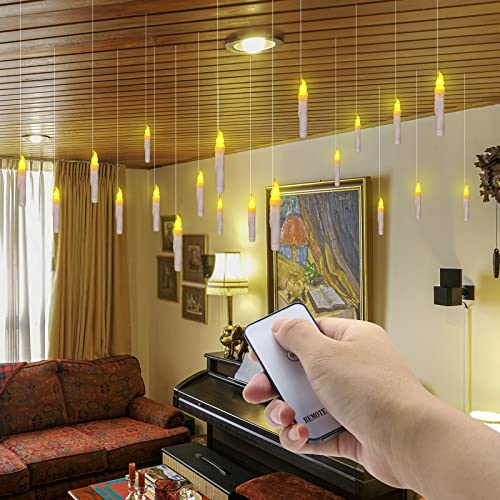 PChero Floating Candles, 12pcs Battery Operated LED Tapered Candles with Remote Electric Flickering Flameless Candle Sticks for Halloween Party Ceiling Decoration – Warm Yellow