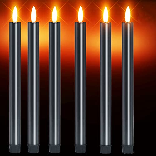 Flameless Black Taper Candles with 6H Timer,Flickering Battery Operated Window Candles,10 Inch Long 3D Flame Plastic Candles for candlesticks, Led Fake Stick Candles for Christmas Decor (6 Pcs)