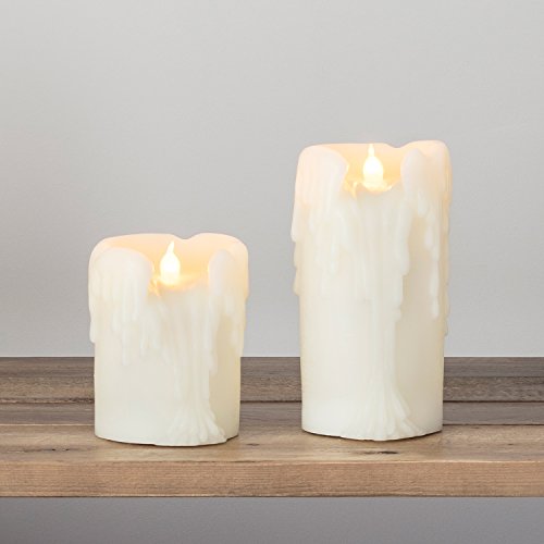 Lights4fun Set of 2 Flameless Battery Operated LED Pillar Candles Heavy Dripping Wax with Timer