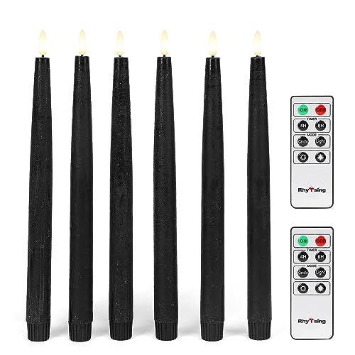 Rhytsing 29cm Black Flameless Taper Candles with Timer Function, Battery Operated Led Candlesticks Rustic Wax for Halloween, 2 Remotes Included - Set of 6