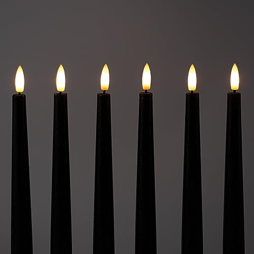 Rhytsing 29cm Black Flameless Taper Candles with Timer Function, Battery Operated Led Candlesticks Rustic Wax for Halloween, 2 Remotes Included - Set of 6