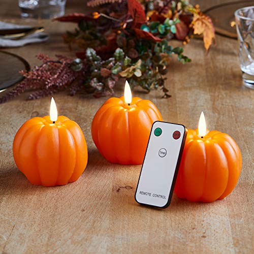 Lights4fun Set of 3 TruGlow® Halloween Pumpkin Flameless LED Real Wax Candles Battery with Timer and Remote Control