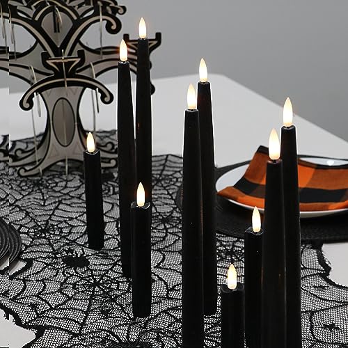 Rhytsing 29cm Black Flameless Taper Candles with Timer Function, Battery Operated Led Candlesticks Rustic Wax for Halloween, 2 Remotes Included - Set of 6