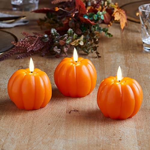 Lights4fun Set of 3 TruGlow® Halloween Pumpkin Flameless LED Real Wax Candles Battery with Timer and Remote Control