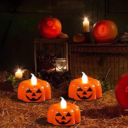 AKOFIC 12 Pack Halloween Pumpkin Tealights, LED Orange Battery Operated Pumpkin Tealight Candles, 3D Halloween Flameless Tea Lights with Warm White Flickering Flame for Indoor Outdoor Party Favors