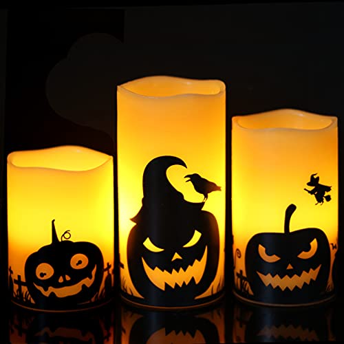 Eldnacele Halloween Flameless Candles, LED Flickering Battery Pillar Candles with 6H Timer and Pumpkin Decals, Spooky Fall Halloween Festival Party Decoration Set of 3 (D 3” x H 4” 5” 6”)