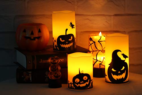 Eldnacele Halloween Flameless Candles, LED Flickering Battery Pillar Candles with 6H Timer and Pumpkin Decals, Spooky Fall Halloween Festival Party Decoration Set of 3 (D 3” x H 4” 5” 6”)