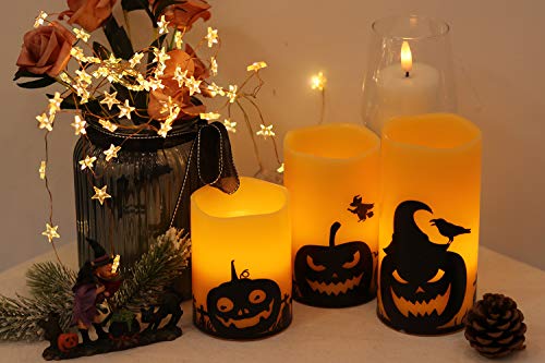 Eldnacele Halloween Flameless Candles, LED Flickering Battery Pillar Candles with 6H Timer and Pumpkin Decals, Spooky Fall Halloween Festival Party Decoration Set of 3 (D 3” x H 4” 5” 6”)