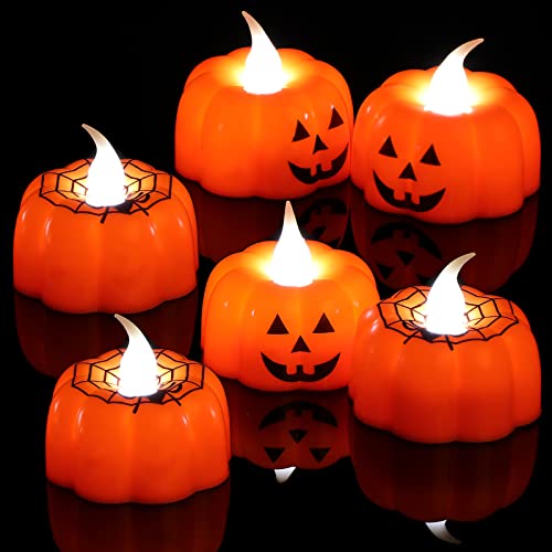 Honoson Halloween Pumpkin Spider Tealights, 6 Pcs Halloween Candles Flameless Battery Operated 3D LED Tealight Candles Warm White Flickering for Indoor Outdoor Halloween Party Decoration (Pumpkin)