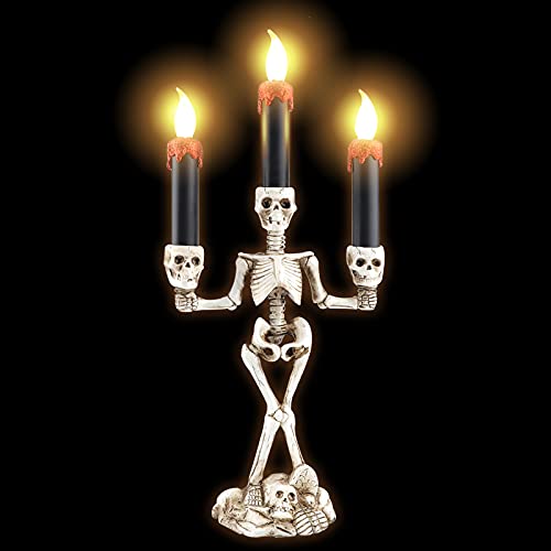 3-Candle Halloween Candelabra,Halloween Candelabra Holder with Light Holder Skeleton Skull Candlestick Holder LED Halloween Skeleton Candle Light Holders for Halloween Party Festival