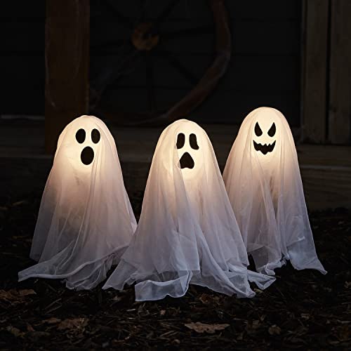 Lights4fun Set of 3 Ghost Stake Lights Battery LED Halloween Props Garden Decoration 40cm