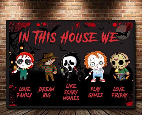 Over In This House We Do Love Family Horror Movie Horror Family Halloween Horror Film Lover Gift Horror Halloween Decor Poster Wall Art Tin Sign Decor Metal Sign Poster 8X12 Inches