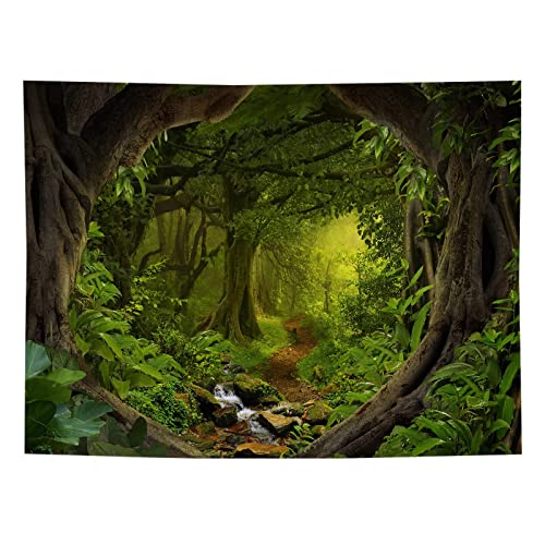Fullfun Nature Green Forest Tapestry Wall Hanging with Stream, Green Misty Original Forest Tree Cave Tapestries, Nature Scenery Wall Tapestry Decor for Living Room Bedroom Dorm 50 x 60 inch