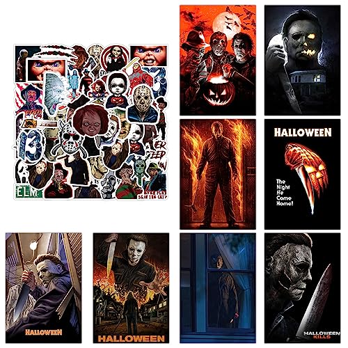 GTOTd Halloween Poster (8Pcs,11.5" x 16.5") with Horror Stickers (50Pcs). Gifts Merch Horror Movie Poster Unframed Version HD Print for Living Room Bedroom Club Decoration Teens Wall Art