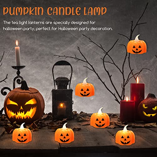 Jsdoin Halloween Pumpkin Tea Lights, 12pcs Halloween Flameless Candles, Orange LED Candel Light for Halloween Party Decorations, Thanksgiving, Battery Operated, Warm White Flickering