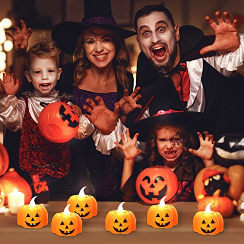 Jsdoin Halloween Pumpkin Tea Lights, 12pcs Halloween Flameless Candles, Orange LED Candel Light for Halloween Party Decorations, Thanksgiving, Battery Operated, Warm White Flickering