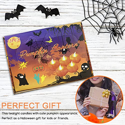 Jsdoin Halloween Pumpkin Tea Lights, 12pcs Halloween Flameless Candles, Orange LED Candel Light for Halloween Party Decorations, Thanksgiving, Battery Operated, Warm White Flickering