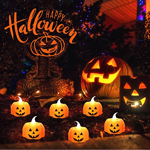 Jsdoin Halloween Pumpkin Tea Lights, 12pcs Halloween Flameless Candles, Orange LED Candel Light for Halloween Party Decorations, Thanksgiving, Battery Operated, Warm White Flickering
