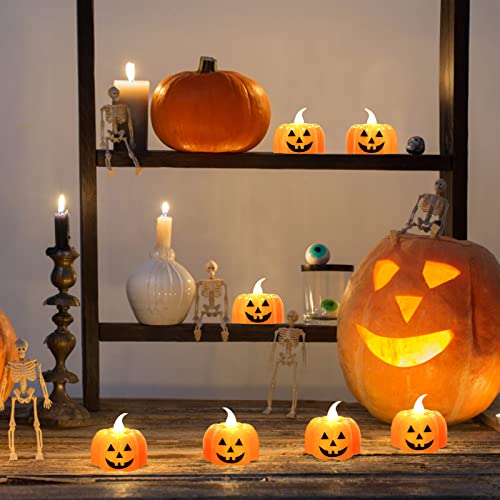 Jsdoin Halloween Pumpkin Tea Lights, 12pcs Halloween Flameless Candles, Orange LED Candel Light for Halloween Party Decorations, Thanksgiving, Battery Operated, Warm White Flickering