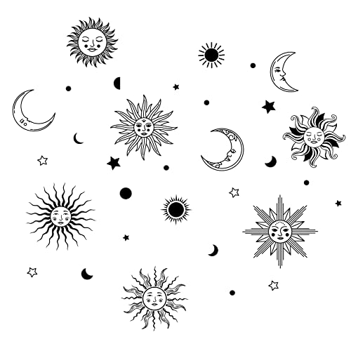 PLIGREAT Sun Moon Face Wall Stickers, Peel and Stick Wall Decals, Removable Vinyl Wall Sticker for Bedroom Living Room Halloween Party Wall Decorations Crescent Decals Boho Ethnic Wall Art Decor