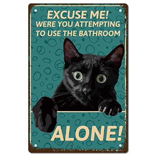 CREATCABIN Black Cat Metal Tin Sign Bathroom Metal Poster Vintage Retro Art Wall Decor Mural Hanging Iron Painting Plaque Funny for Home Kitchen Bathroom Wall Art Decor 8 x 12 Inch