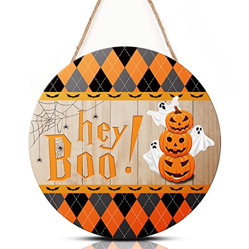TOARTi Halloween Wood Sign,Hey Boo Halloween Decorations,Pumpkin Ghost Wooden Plaque Decor for Door Sign,Spiders Web Wall Art Bats Wall Pediment for Windows Happy Halloween Decor,12” x 12” inch