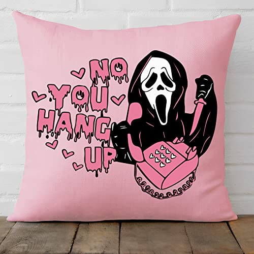 PreLiving Funny No You Hang Up First Pink Horror Ghost Design Throw Pillow Cover Pillow Case Valentine's Day Halloween Pillowcase Decoration for Sofa Bedroom Birthday Party Supplies 20'' x 20''