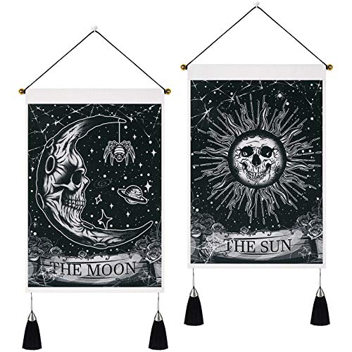 Yugarlibi Set of 2 Gothic Small Tapestries with Tassels, Gothic Home Decor Skeleton Sun Moon Wall Hanging, Black White Wall Art Tapestry for Bedroom Aesthetic Halloween, 35x50 cm