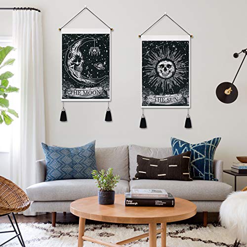 Yugarlibi Set of 2 Gothic Small Tapestries with Tassels, Gothic Home Decor Skeleton Sun Moon Wall Hanging, Black White Wall Art Tapestry for Bedroom Aesthetic Halloween, 35x50 cm