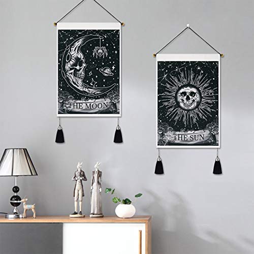 Yugarlibi Set of 2 Gothic Small Tapestries with Tassels, Gothic Home Decor Skeleton Sun Moon Wall Hanging, Black White Wall Art Tapestry for Bedroom Aesthetic Halloween, 35x50 cm