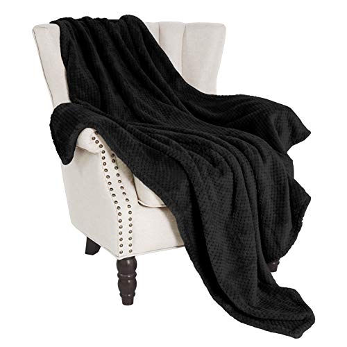 Exclusivo Mezcla Flannel Throw Blanket, 127x178 CM Soft Sofa Throws, Waffle Fleece Throws for Sofa, Black Blanket