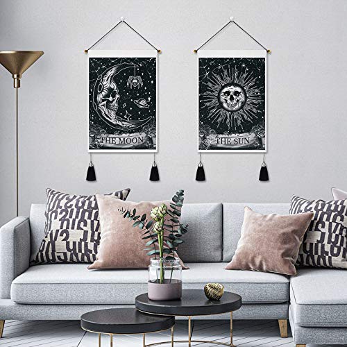 Yugarlibi Set of 2 Gothic Small Tapestries with Tassels, Gothic Home Decor Skeleton Sun Moon Wall Hanging, Black White Wall Art Tapestry for Bedroom Aesthetic Halloween, 35x50 cm