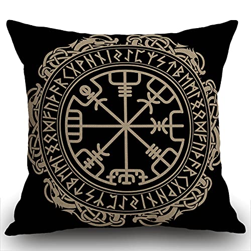 Smooffly Square Decorative Cushion Cover Black Celtic Viking Design Magical Runic Compass Vegvisir in The Circle of Norse Runes and Dragons Tattoo Throw Pillow Cover Cotton Linen 18x18 Inches