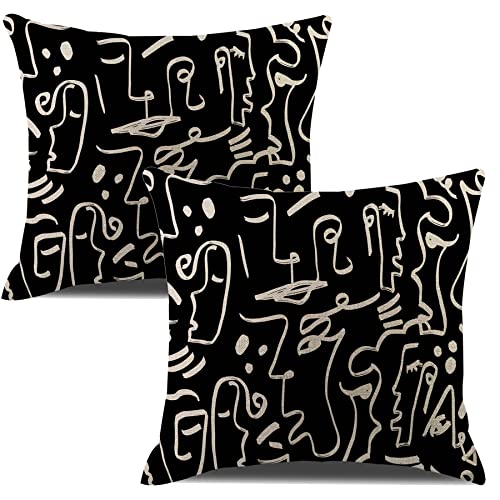 JiangLANY Women Face Abstract Line Art Black White Pattern Print Cushion Covers 45x45cm Linen Decorative Square Pillow Case for Living Room Bedroom Sofa Home Decor,Set of 2