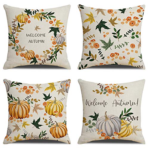 HOSTECCO Thanksgiving Pillow Covers 18x18 Inches Set of 4 Autumn Harvest Decorative Pillowcases Pumpkin Linen Square Throw Cushion covers