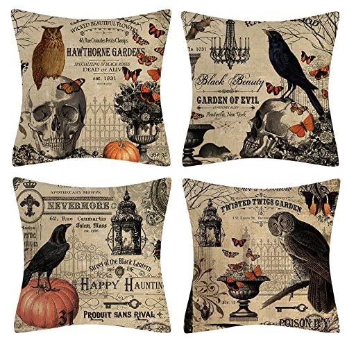OCEUMACO Linen Cushion Covers 45 x 45 cm for Sofa Set of 4 Square Halloween Horror Throw Pillow Cases 18x18 Outdoor Decorative Autumn Vintage Skulls Birds Pillowcases Cushions Cover - Brown