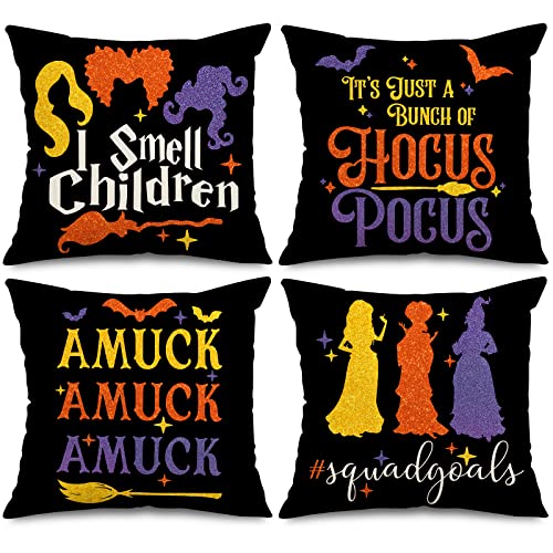 AnyDesign Halloween Throw Pillow Covers Hocus Pocus Witches Pillow Case Sanderson Sisters Decorative Cushion Covers Spooky Farmhouse Decor for Home Couch Sofa Car, 18 x18 Inch, Set of 4