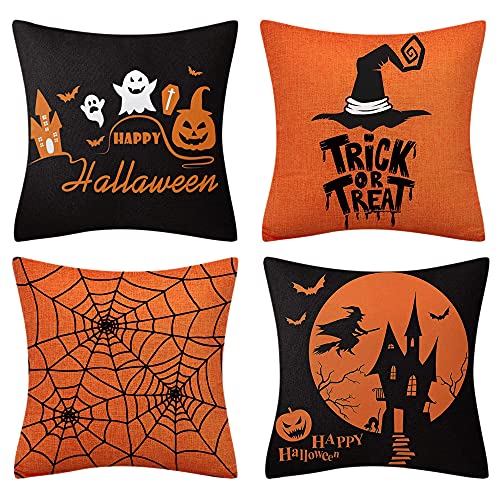 Jetclutch 4 Pieces Halloween Pillow Covers,18 x 18 Inch Halloween Pillow Case Spider Pumpkin Printed Pillow Cover for Sofa Bed Home Farmhouse Halloween Party