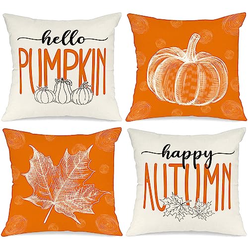 Benjia Orange 45x45 Autumn Cushion Covers Set of 4, Maple Leaf Pumpkin Decorative Holiday 18x18 Inch Fall Throw Pillow Covers Thanksgiving Pillow Case for Indoor Home Bedroom Couch Sofa Decor 45x45cm