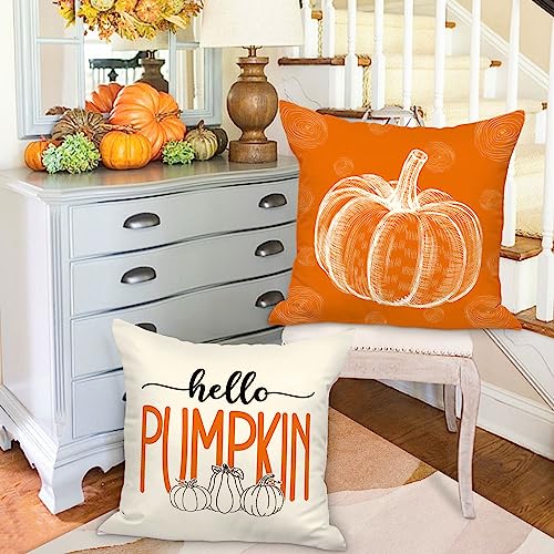Benjia Orange 45x45 Autumn Cushion Covers Set of 4, Maple Leaf Pumpkin Decorative Holiday 18x18 Inch Fall Throw Pillow Covers Thanksgiving Pillow Case for Indoor Home Bedroom Couch Sofa Decor 45x45cm