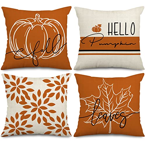 AnyDesign Fall Pillow Cover 18 x 18 Inch Hello Pumpkin Modern Throw Pillow Case Orange Pumpkin Autumn Leaves Cushion Case Farmhouse Decorative Cushion Cover for Home Office, 4Pcs