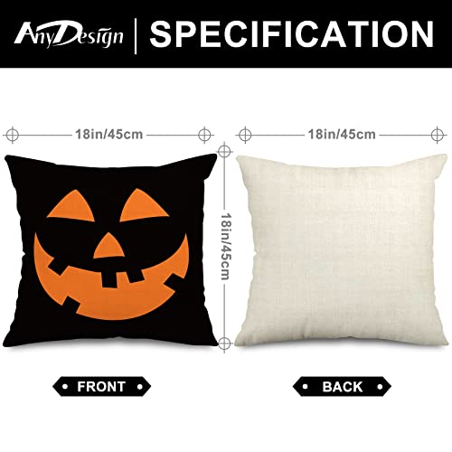 AnyDesign Halloween Throw Pillow Covers Pumpkin Witch Pillow Case Black Orange Pumpkin Face Cushion Cover Spooky Farmhouse Decor for Home Couch Sofa Car, 18 x 18 Inch, Set of 4