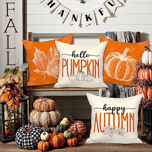 Benjia Orange 45x45 Autumn Cushion Covers Set of 4, Maple Leaf Pumpkin Decorative Holiday 18x18 Inch Fall Throw Pillow Covers Thanksgiving Pillow Case for Indoor Home Bedroom Couch Sofa Decor 45x45cm