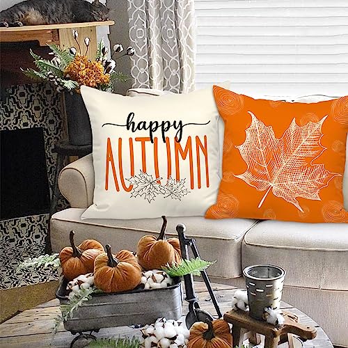 Benjia Orange 45x45 Autumn Cushion Covers Set of 4, Maple Leaf Pumpkin Decorative Holiday 18x18 Inch Fall Throw Pillow Covers Thanksgiving Pillow Case for Indoor Home Bedroom Couch Sofa Decor 45x45cm