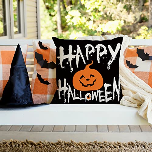 AnyDesign Halloween Throw Pillow Covers Pumpkin Witch Pillow Case Black Orange Pumpkin Face Cushion Cover Spooky Farmhouse Decor for Home Couch Sofa Car, 18 x 18 Inch, Set of 4